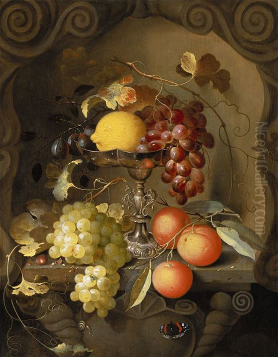 Still life of fruit on and around a tazza, in a niche Oil Painting by Laurens Craen