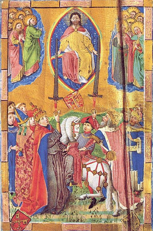 Christus in der Mandorla uberreicht Papst und Kaiser die Schwerter der geistlichen und weltlichen Macht Oil Painting by Hans Bornemann