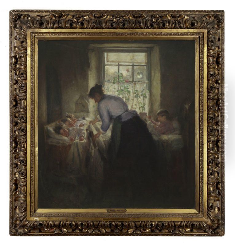 Bairnies Cuddle Doon Oil Painting by Robert Gemmell Hutchison