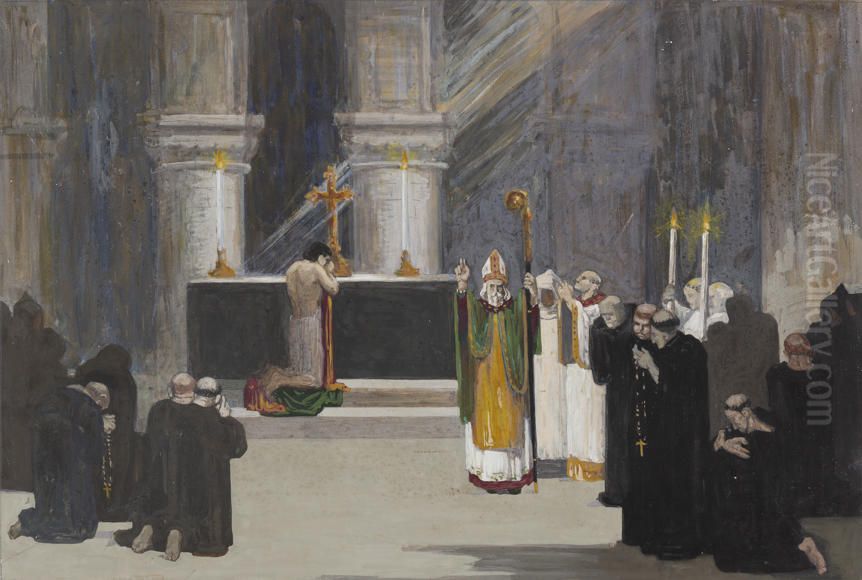 Rahere doing penance in the Crypt of St Bartholomew, London Oil Painting by Vivian Smith