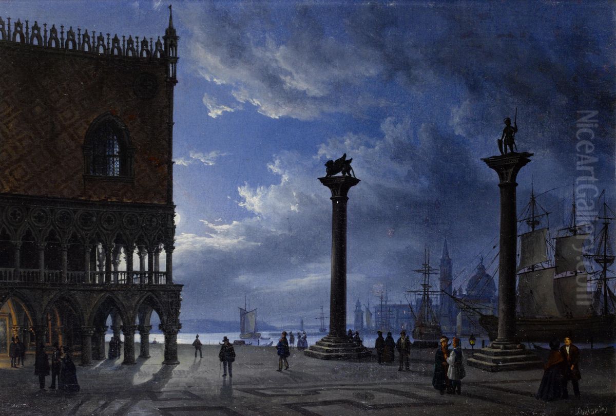 Piazza San Marco in the moonlight Oil Painting by Friedrich Nerly