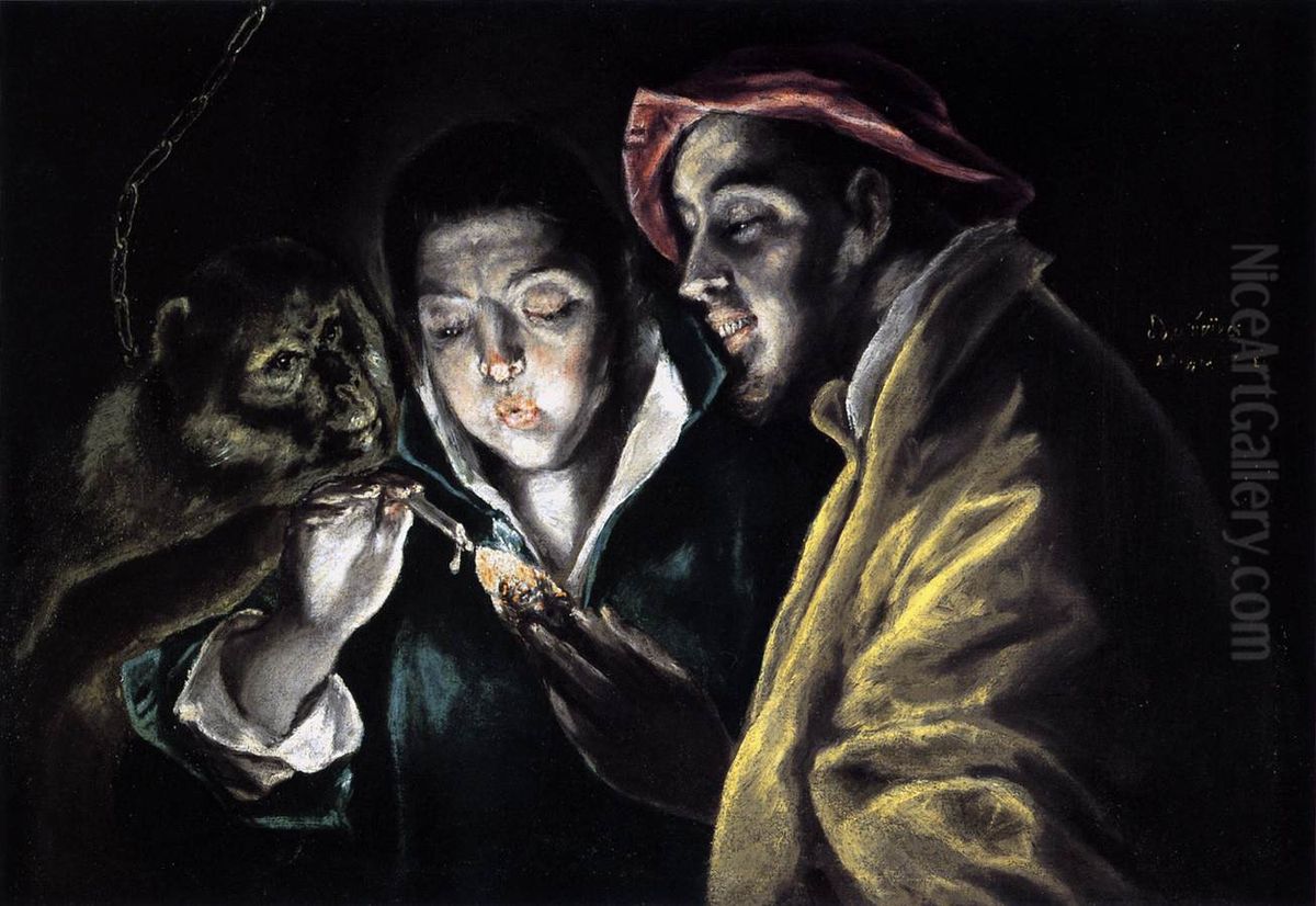 An Allegory with a Boy Lighting a Candle in the Company of an Ape and a Fool (Fabula) Oil Painting by El Greco