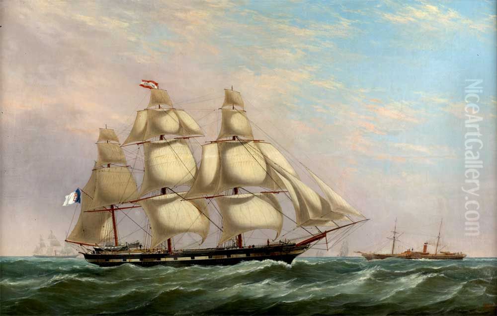 Marinha com veleiro ostentando a bandeira Real Portuguesa Oil Painting by Joao Pedroso