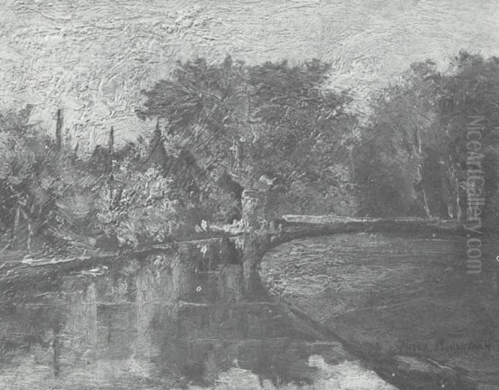 Stream bordered by wooded landscape Oil Painting by Piet Mondrian