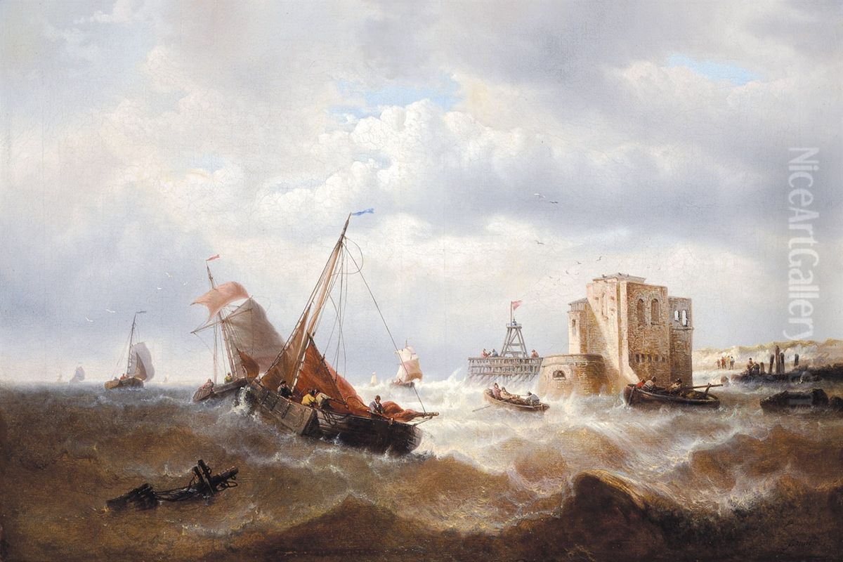 Boats on choppy Water Oil Painting by Francois Musin