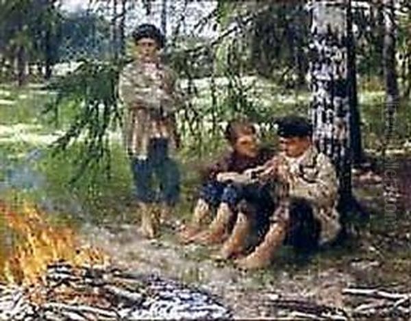 Three Boys in the Woods Oil Painting by Nikolay Bogdanov-Belsky
