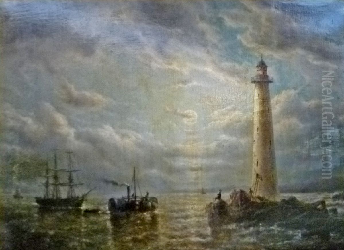 Marine with Boats, Lighthouse and Figures Oil Painting by Francois Musin