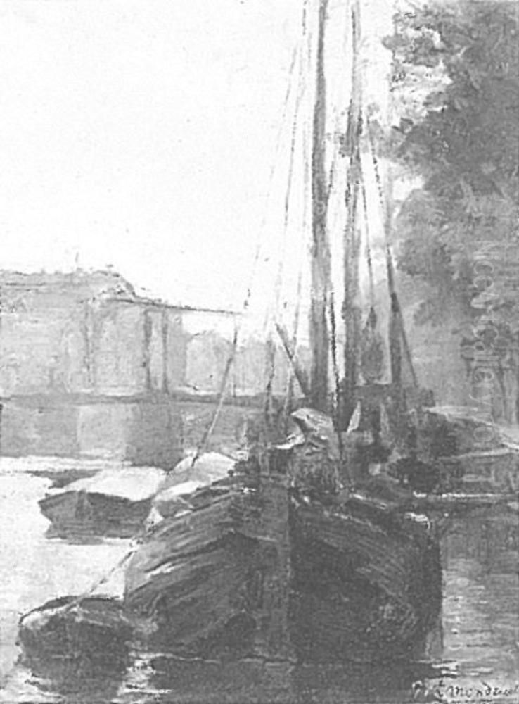 Waalseilandsgracht with bridge and moored tjalk barges Oil Painting by Piet Mondrian