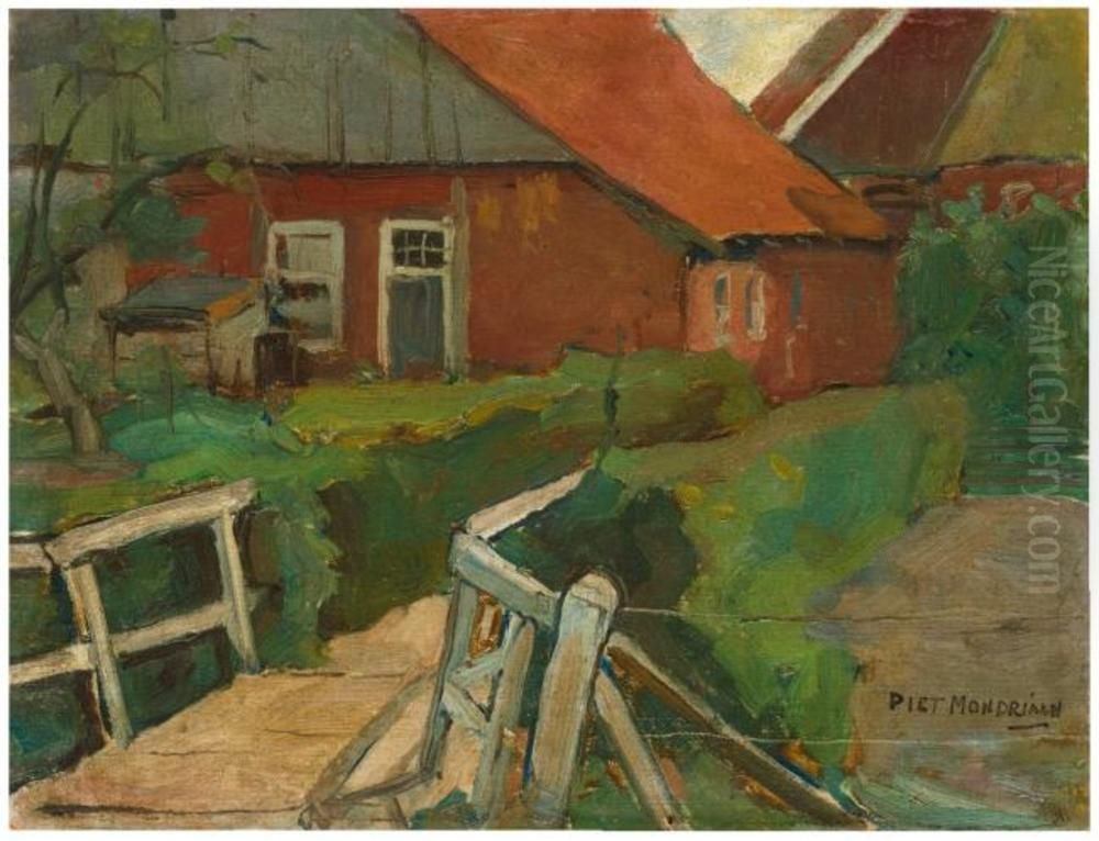 Farm buildings with bridge Oil Painting by Piet Mondrian