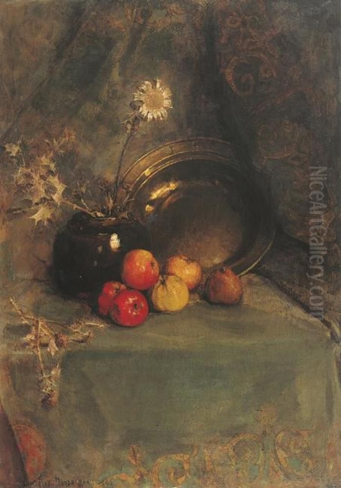 apples, pot with flowers and metal pan Oil Painting by Piet Mondrian