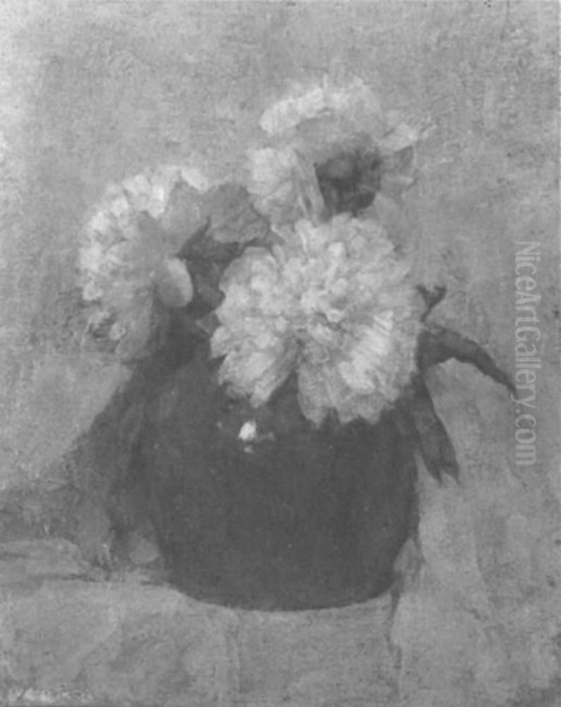 Three chrysanthemum blossoms in a round pot Oil Painting by Piet Mondrian
