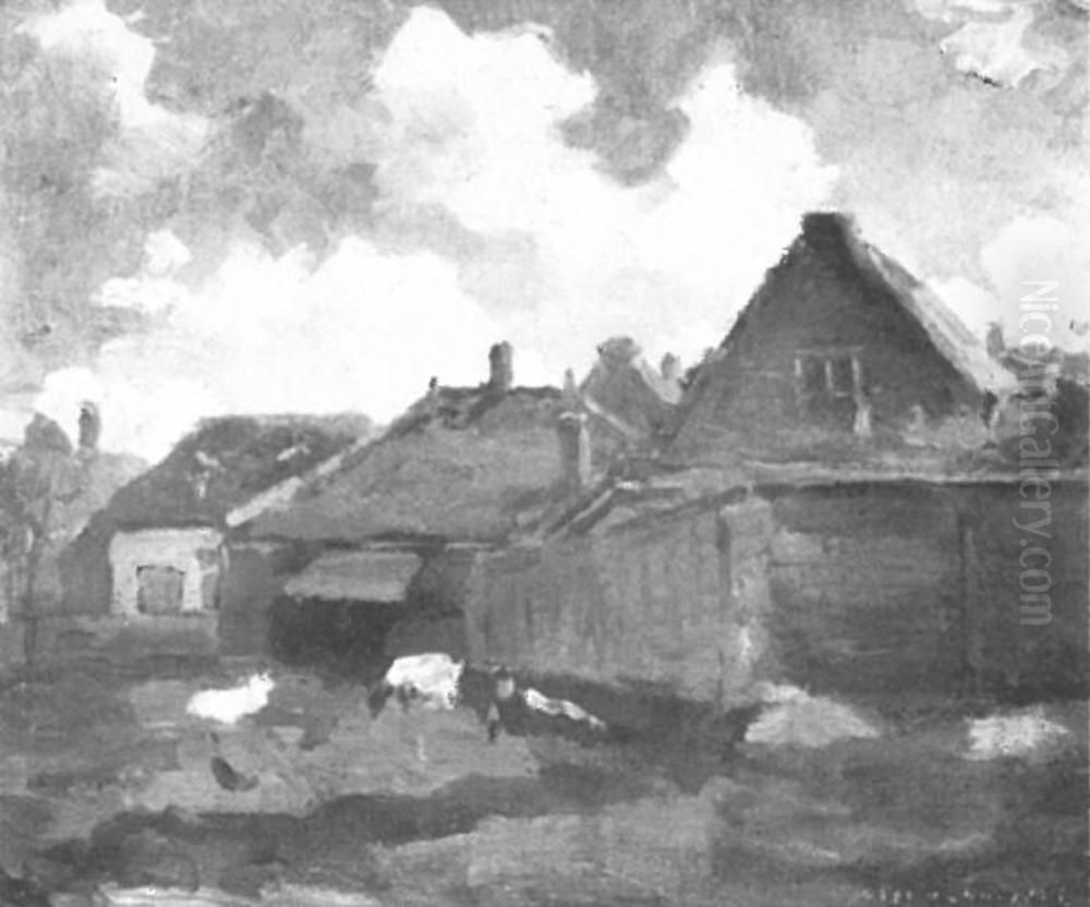 Goats grazing near buildings Oil Painting by Piet Mondrian