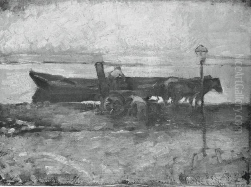 Moored barge with horses Oil Painting by Piet Mondrian