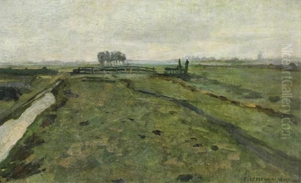 Polder landscape with irrigation ditch and fence Oil Painting by Piet Mondrian