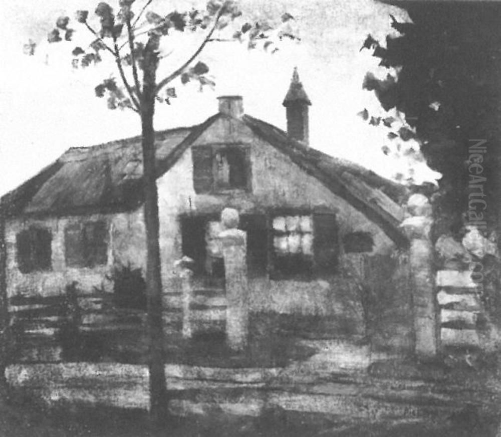Gabled farmhouse facade with large gateposts Oil Painting by Piet Mondrian