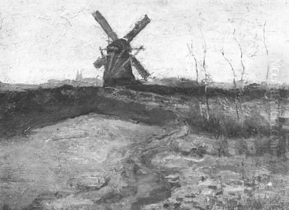 Windmill with church towers in the distance Oil Painting by Piet Mondrian