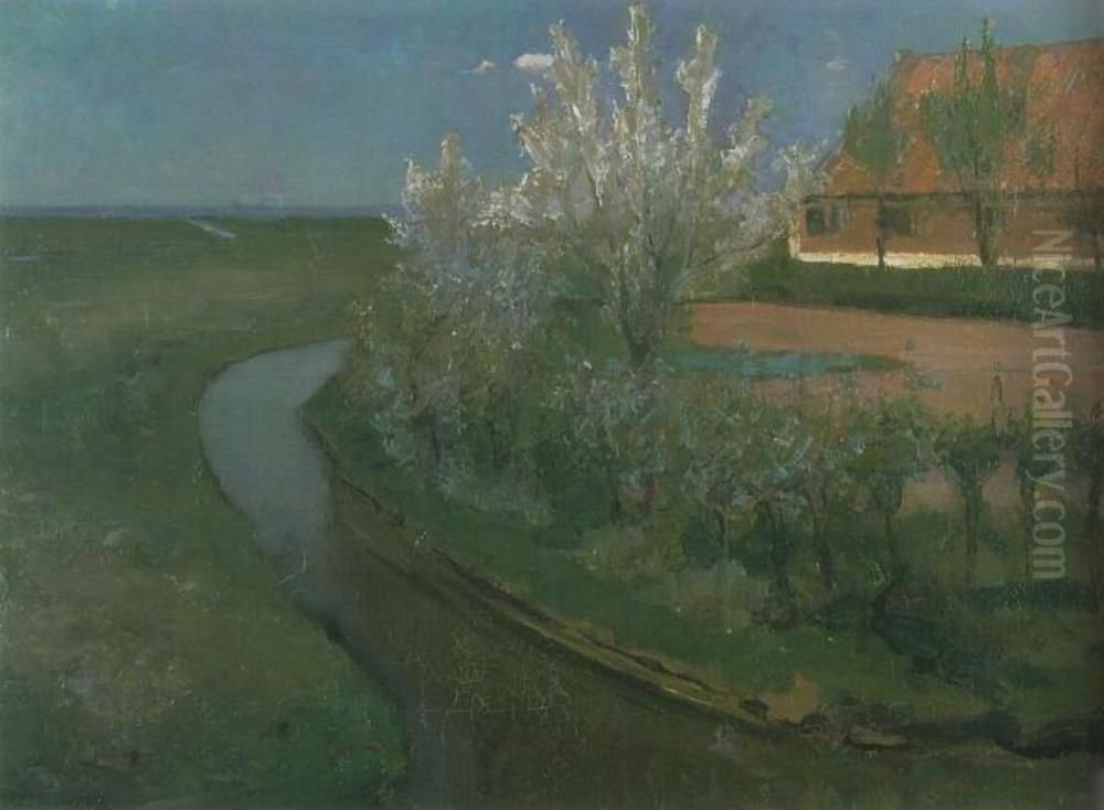 Curved irrigation ditch bordering farmyard with flowering trees Oil Painting by Piet Mondrian