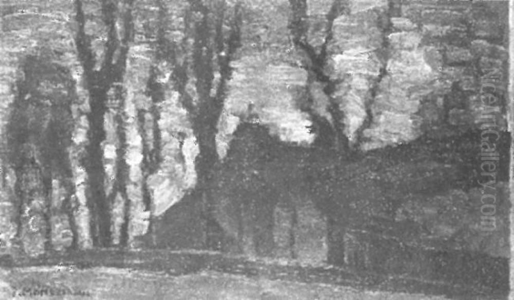 Gabled farmhouse with row of trees and blue sky Oil Painting by Piet Mondrian