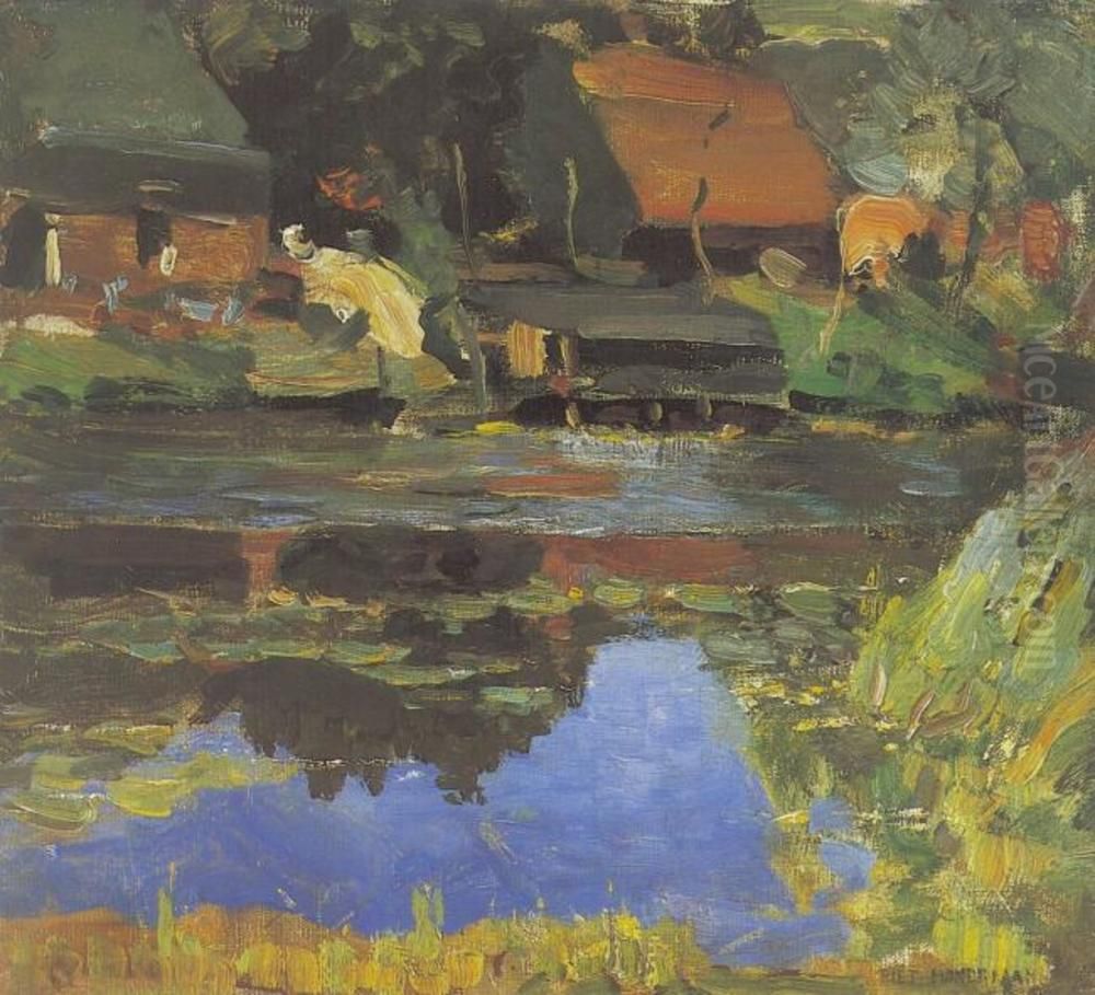 Buildings along the water with a wash stoop Oil Painting by Piet Mondrian