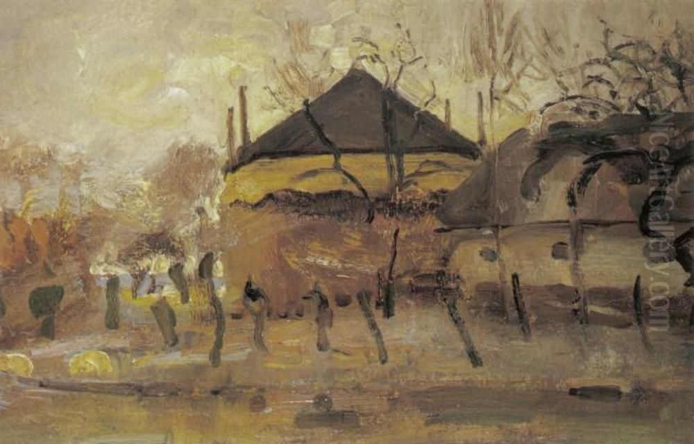 Barn and haystack behind row of willows Oil Painting by Piet Mondrian