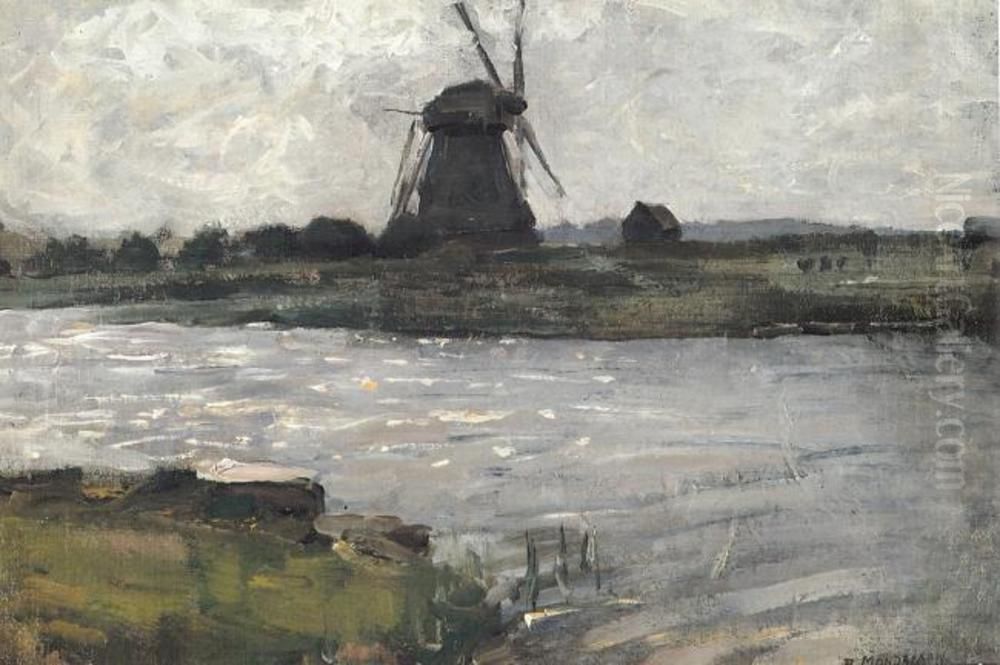 Oostzijdse mill viewed from dock at Landzicht farm Oil Painting by Piet Mondrian