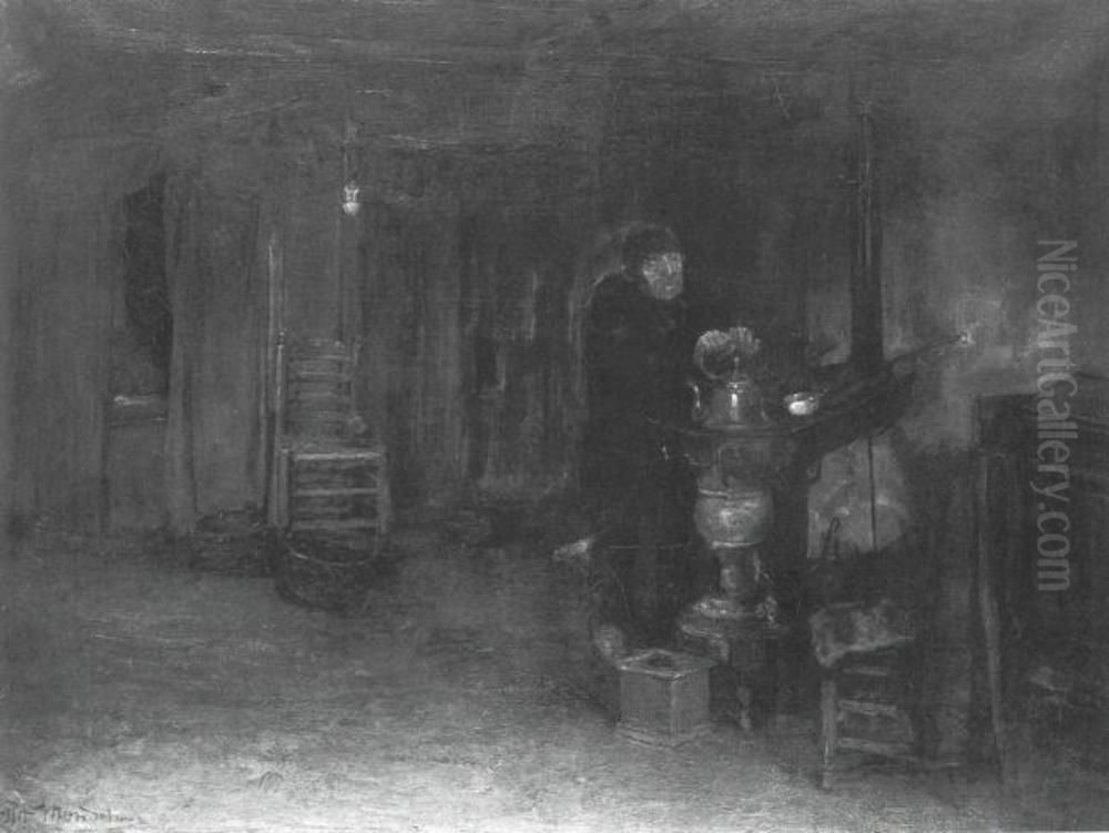 Hannes van Nistelrode at his pot stove Oil Painting by Piet Mondrian