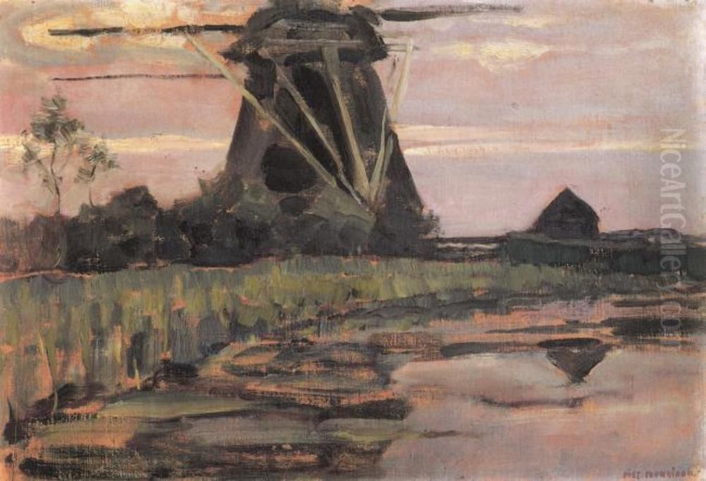Oostzijdse mill viewed from downstream with streaked pinkish-blue sky Oil Painting by Piet Mondrian
