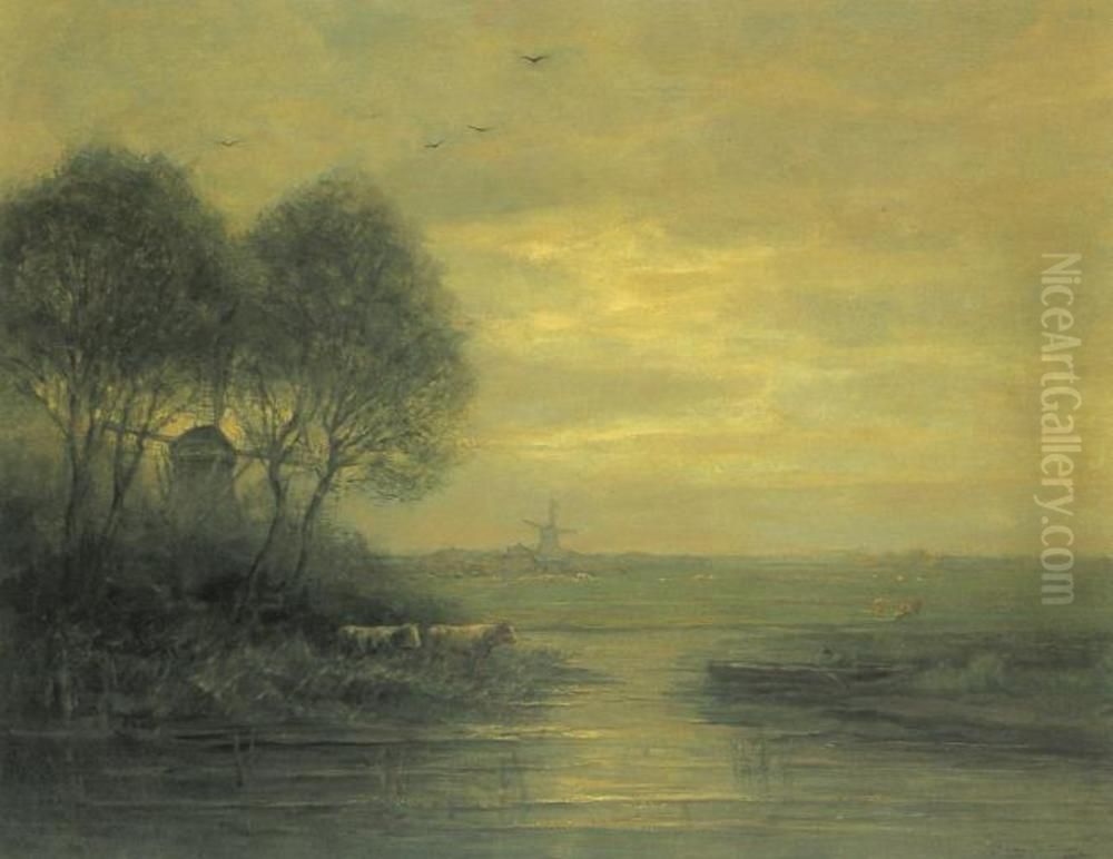 Panoramic sunset with two windmills Oil Painting by Piet Mondrian