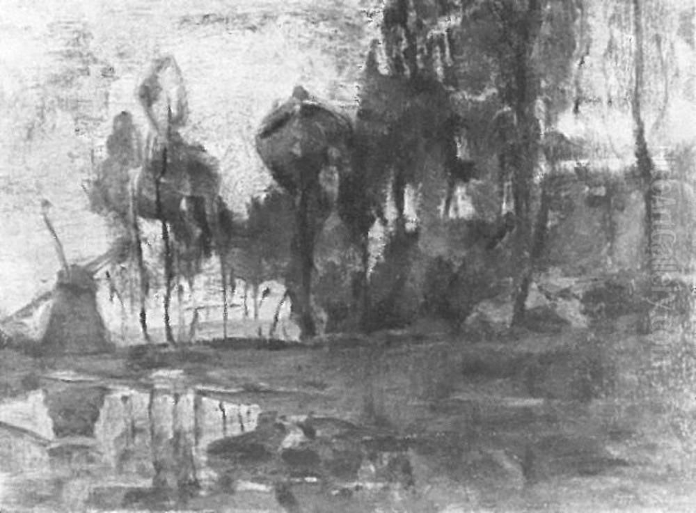 Windmill near tall trees, other trees at right Oil Painting by Piet Mondrian