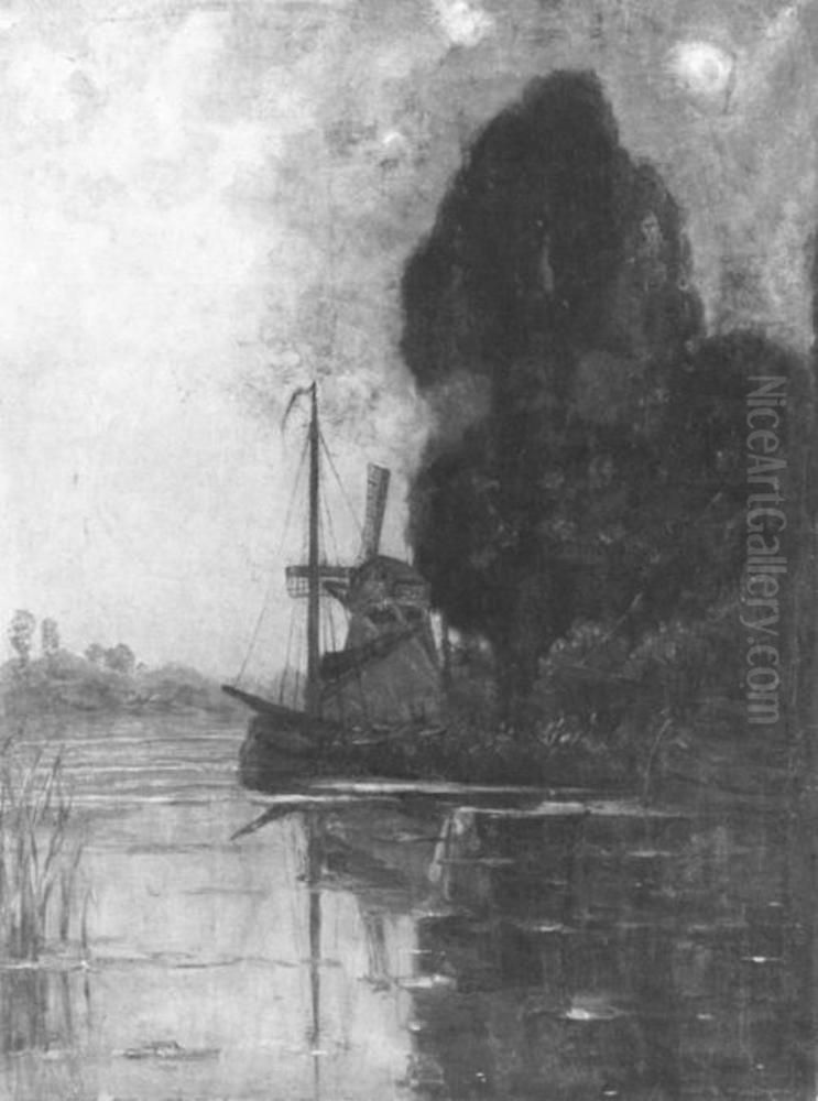 Windmill with tall trees and moored barges Oil Painting by Piet Mondrian