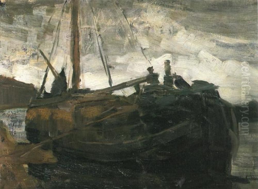 Moored tjalk Oil Painting by Piet Mondrian