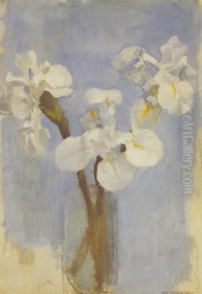 White irises against a light blue background II Oil Painting by Piet Mondrian