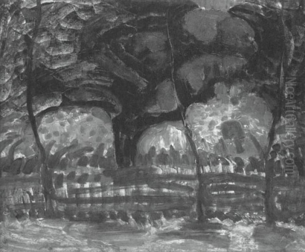 Apple tree in blue with wavy lines II Oil Painting by Piet Mondrian