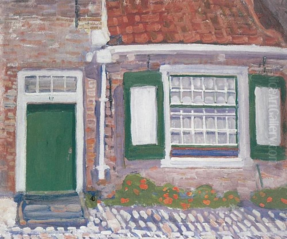 House facade with green trimmed shutters Oil Painting by Piet Mondrian