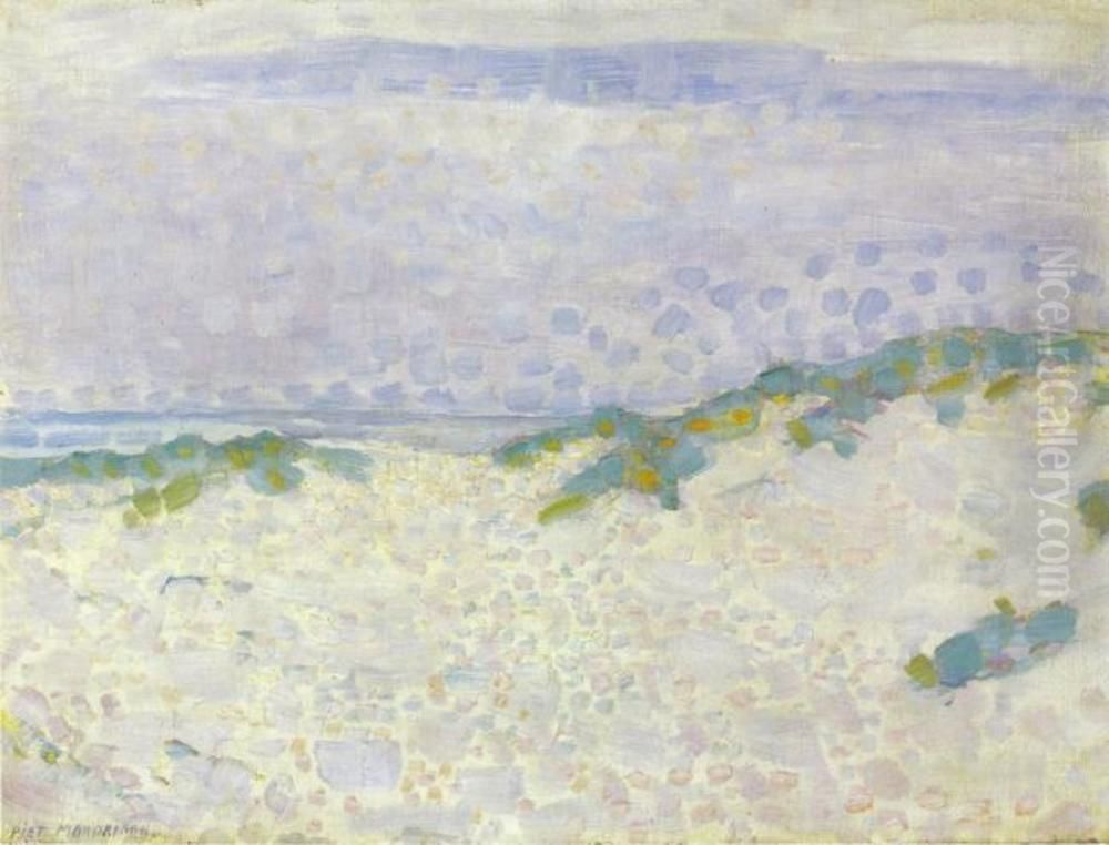 Pointillist study with dunes and sea Oil Painting by Piet Mondrian