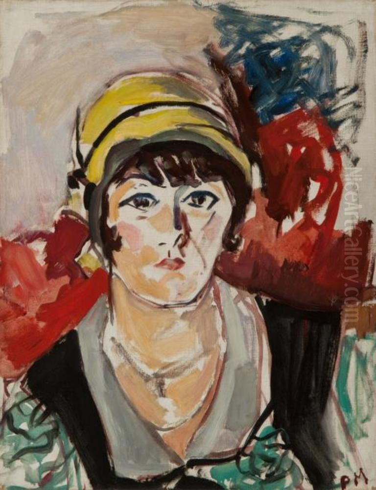 Portrait of a woman in a yellow hat Oil Painting by Piet Mondrian