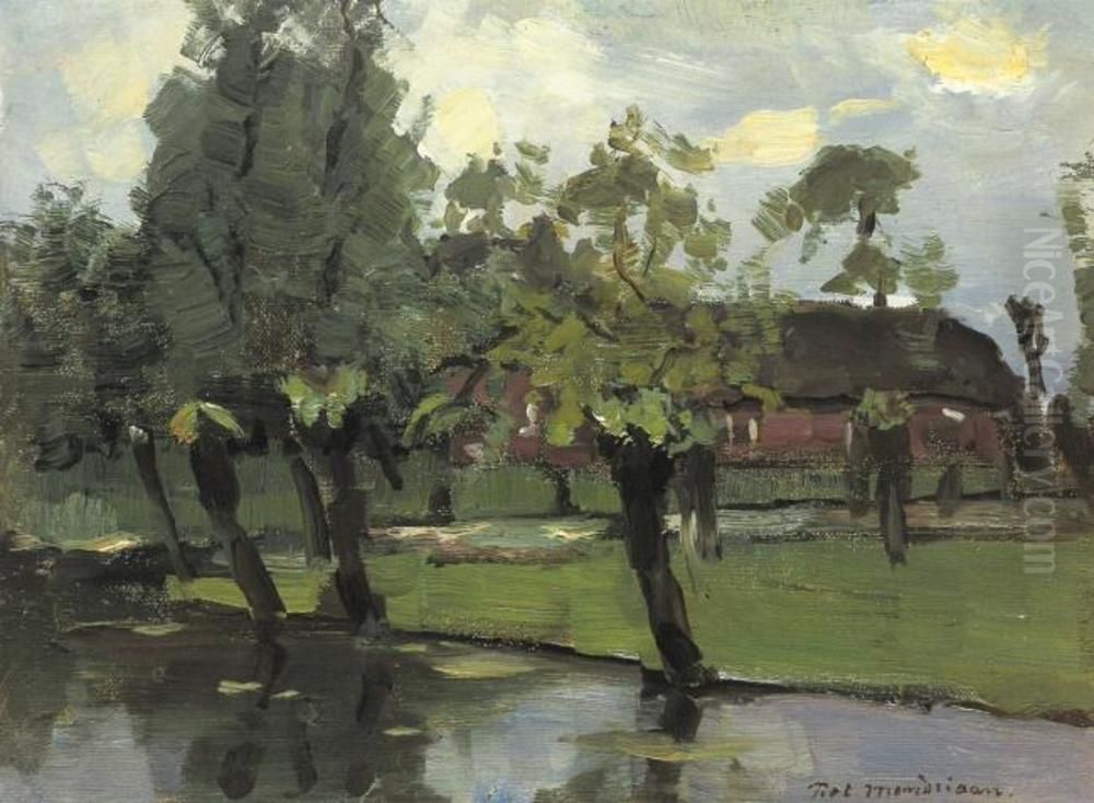 Farmstead with willows on the water Oil Painting by Piet Mondrian