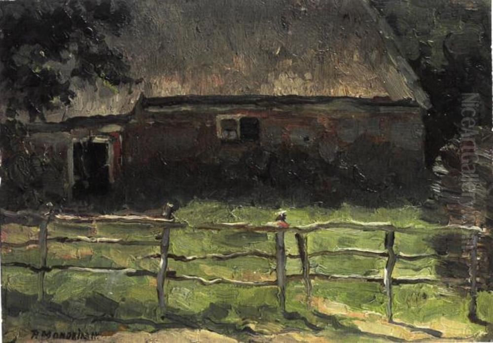 A farmhouse behind a fence Oil Painting by Piet Mondrian