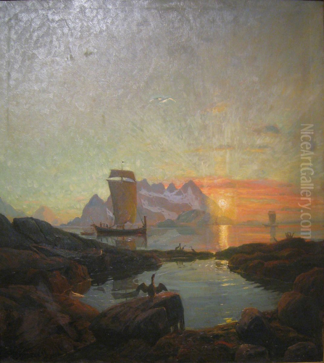 Nordland-boat in the midnight sun Oil Painting by Thorolf Holmboe