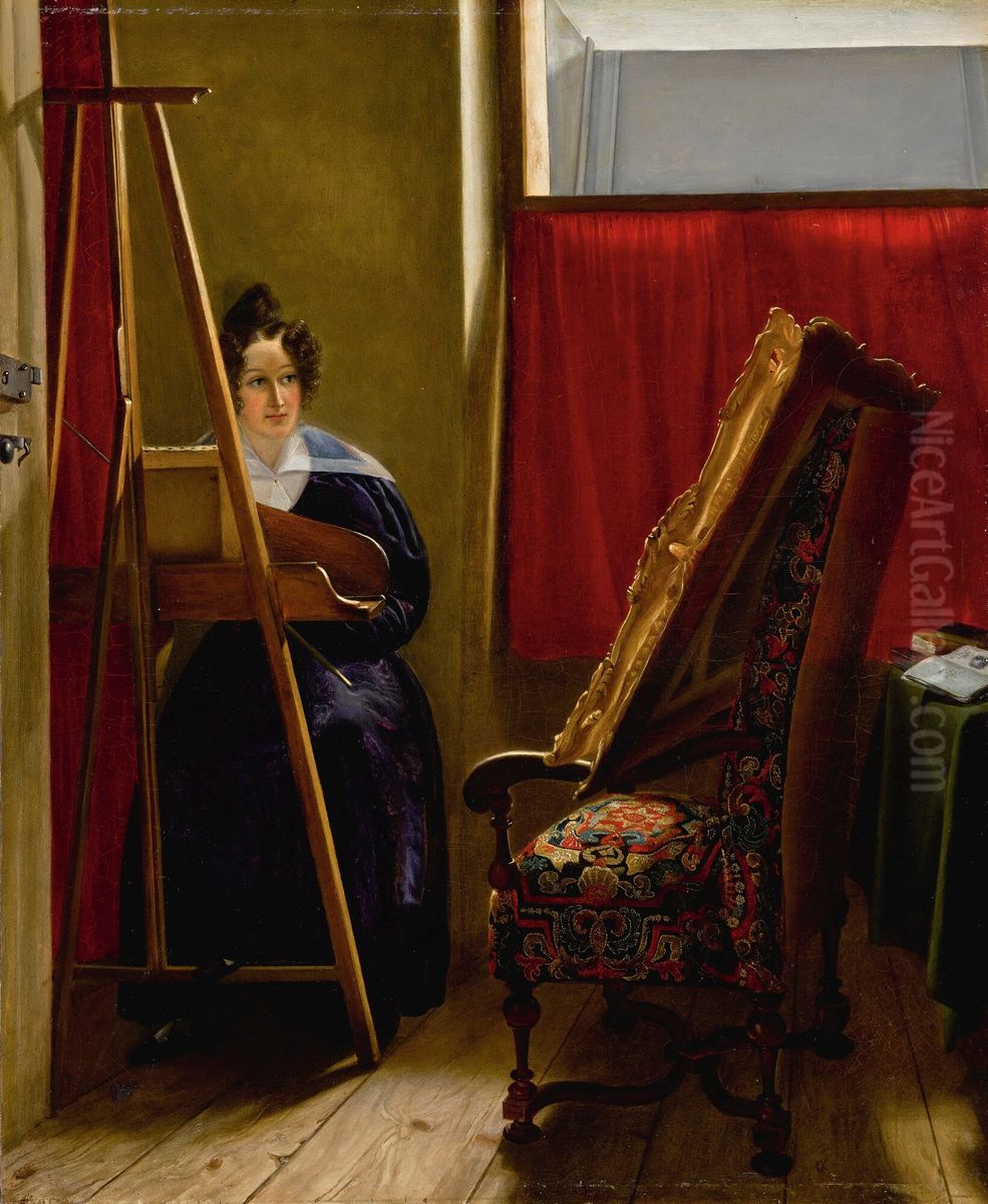 Portrait of the artist, seated at her easel Oil Painting by Amile-Ursule Guillebaud