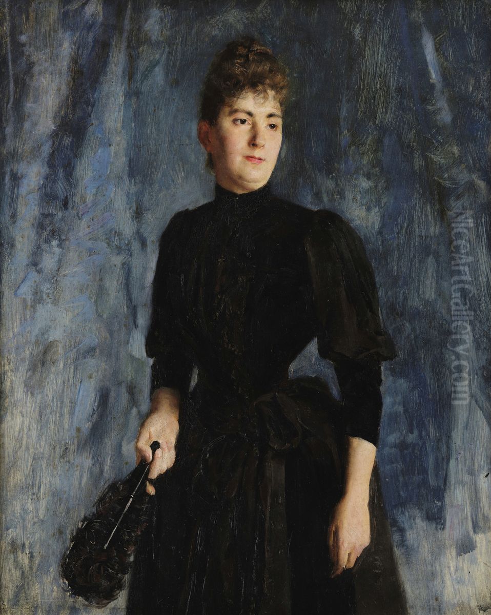 Woman with a fan Oil Painting by Jose Julio de Sousa Pinto