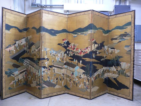 Rakuchu-Rakugai (View of Daily Life in Kyoto), six panel screen Oil Painting by Vanderbilt Museum of Art