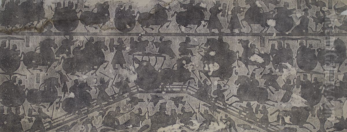 Rubbing of stone relief showing a battle on a bridge, from the Wu Family Shrines, Shandong province. Oil Painting by unknown