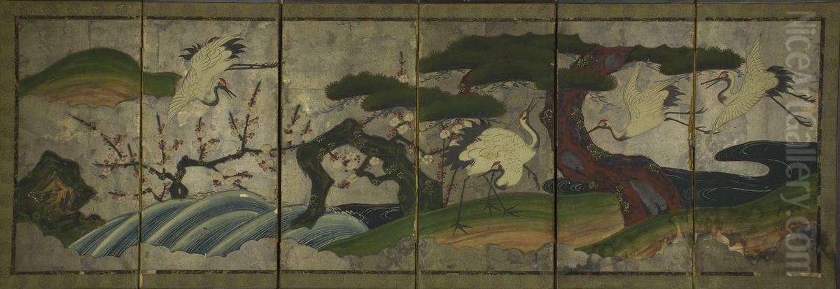 Screen painting of five cranes (three flying), with a rushing stream on the left and the bank on the right. Oil Painting by unknown