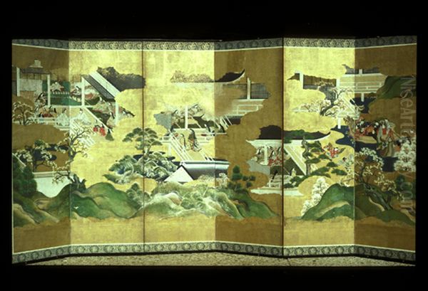 Six panel screen with scenes from the Tale of Genji Oil Painting by Vanderbilt Museum of Art
