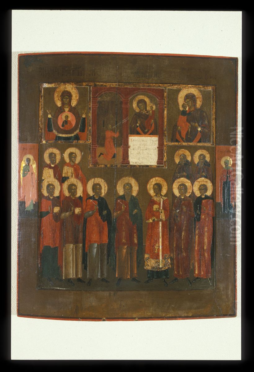Icon with Images of the Virgin and Standing Saints. Oil Painting by unknown