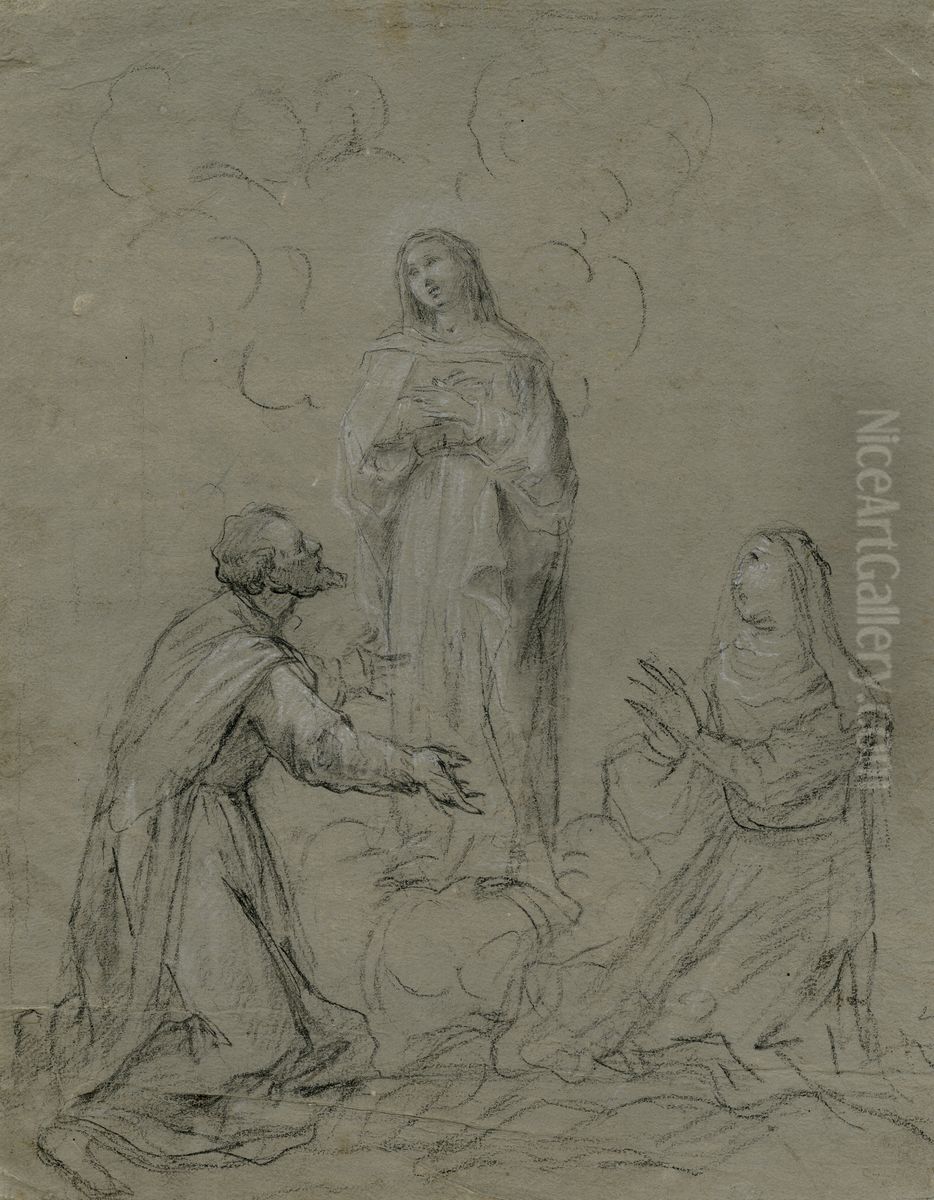 Two Saints Adoring Madonna. Oil Painting by unknown