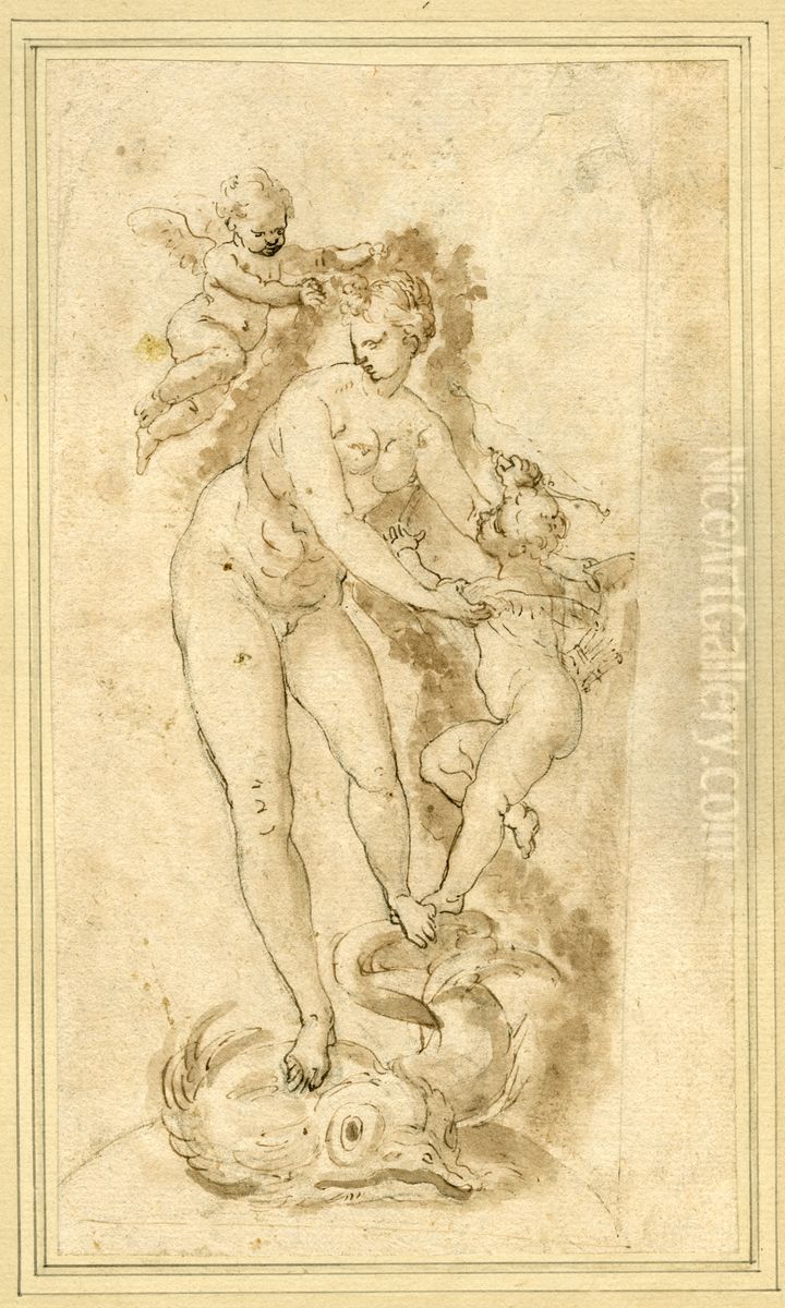 Venus on a Dolphin with Putti. Oil Painting by unknown
