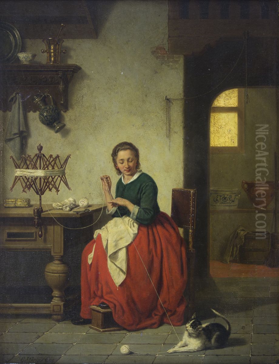 Woman Winding Yarn. Oil Painting by Charles Joseph Grips