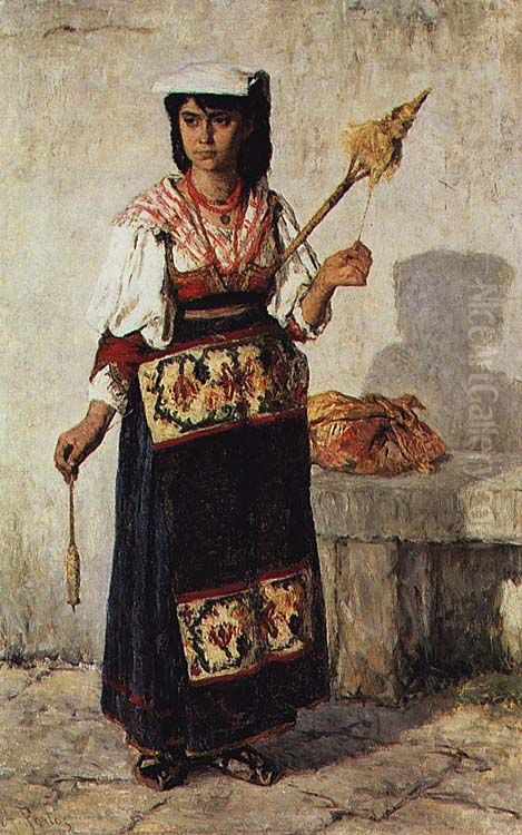 Pequena fiandeira napolitana Oil Painting by Antonio Carvalho de Silva Porto